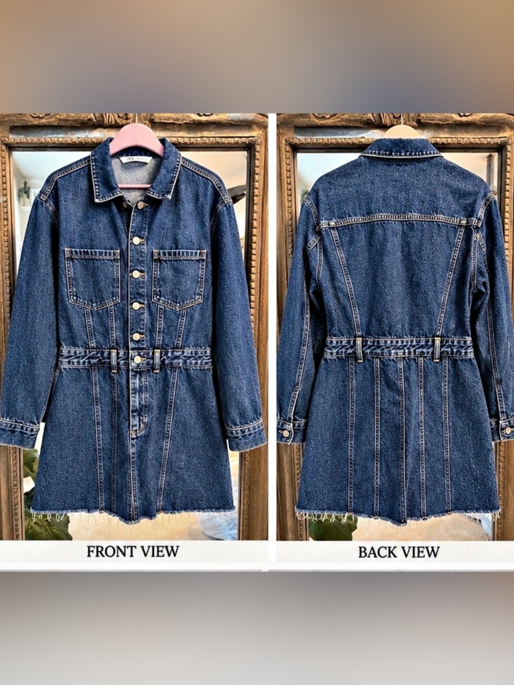 ZARA Women’s Blue Denim Mini Dress Size L 100% Cotton Long Sleeve Raw Hem